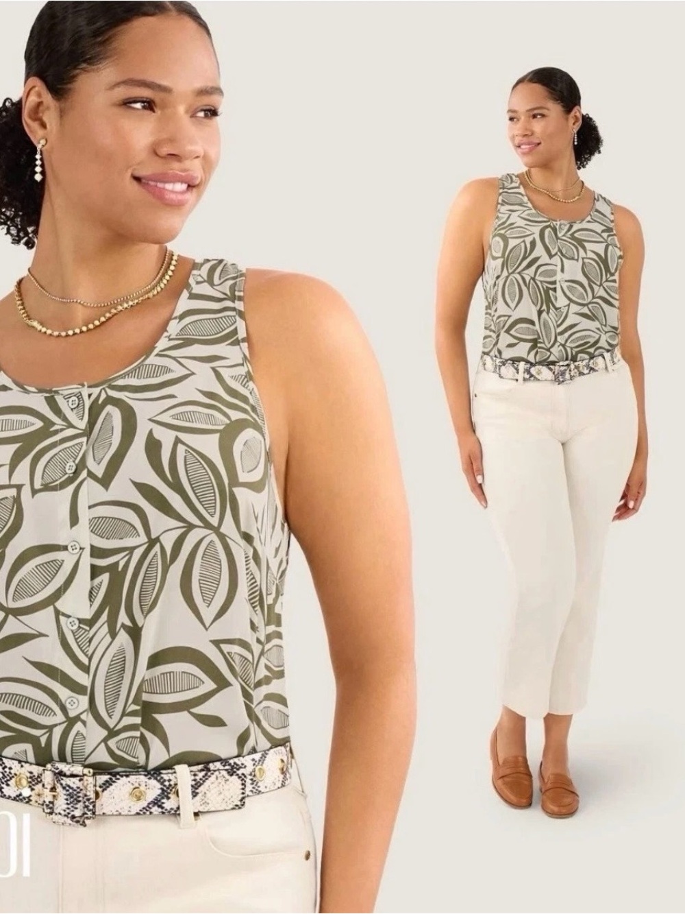 CAbi Olive Leaf Print Sleeveless Tank Top sightseeing  6725 NWOT medium